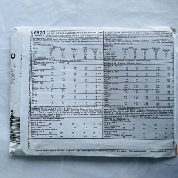 McCalls Sewing Pattern 8520 Boys Jacket Vest Top Pants Shorts Size M-XL UNCUT - Picture 2 of 2